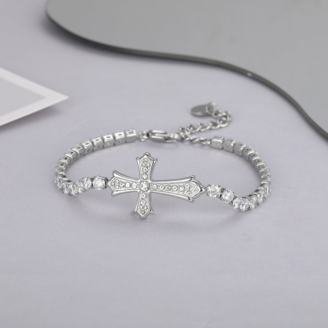 Cross Pavé Tennis Bracelet (2 Colors Delicate Statement Bangle)
