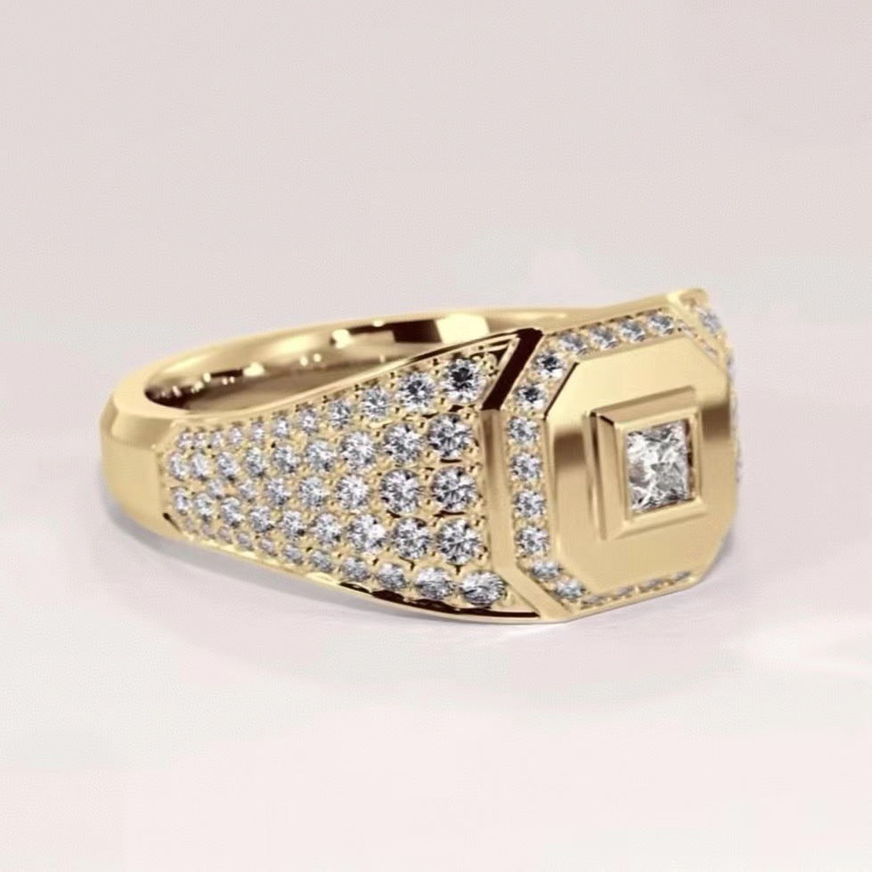 Square‑Cut Center Stone Pavé Wide‑Band S925 Sterling Silver Gold‑Tone Men's Ring