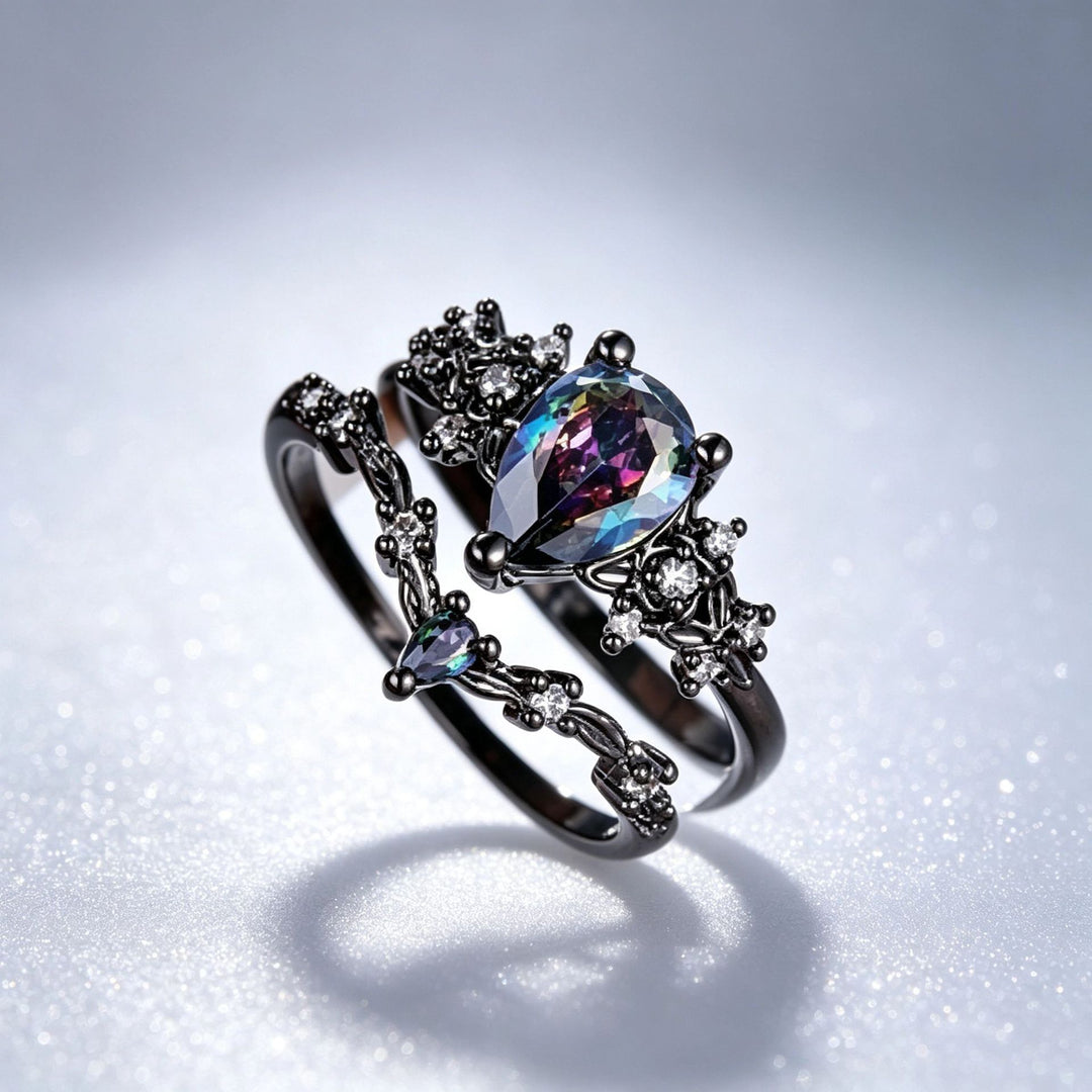 Antiqued Black Teardrop Mystic Diamond Double Layer Hollow Ring, S925 Silver Dark Palace Style Stackable Women’s Band
