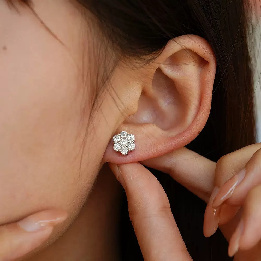 Round Flower Cluster Paved Diamond Stud Earrings, 7 Stones Floral Full Diamond Earrings, Gold Silver Rose Gold Three Tones Available