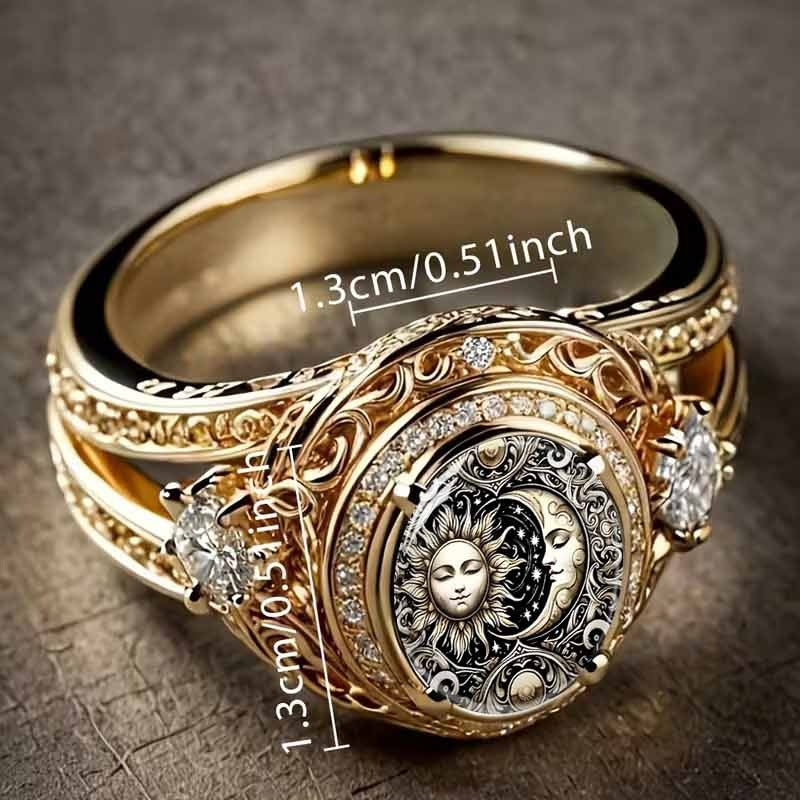 Vintage Sun Moon Embossed Hollow Diamond Ring, S925 Silver 14K Gold Plated Royal Carved Luxury Band For Couple
