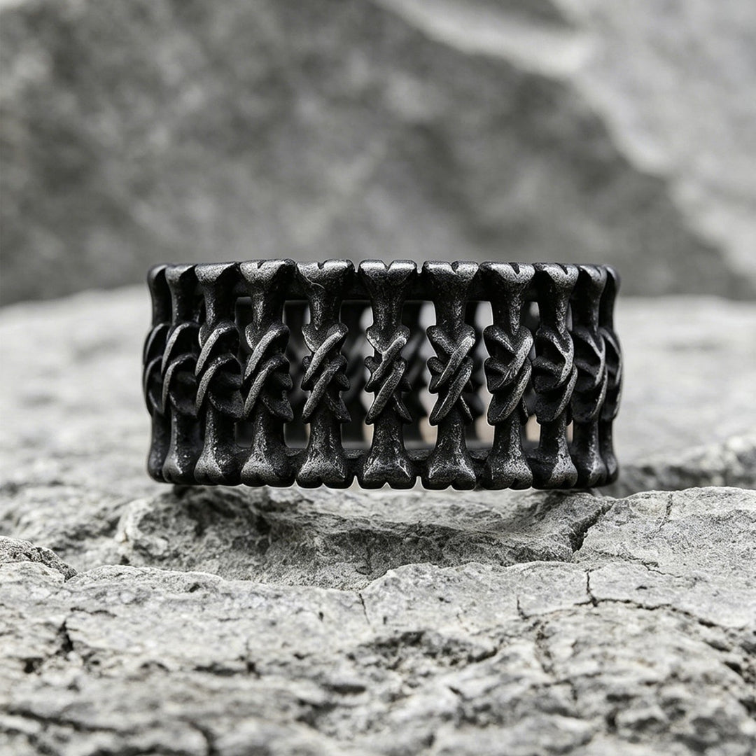 Antiqued Twisted Bone Hollow Wide Ring, S925 Silver Matte Black Dark Punk Unisex Band