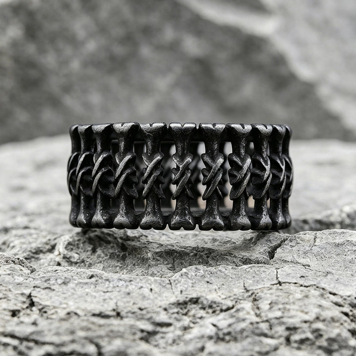 Antiqued Twisted Bone Hollow Wide Ring, S925 Silver Matte Black Dark Punk Unisex Band