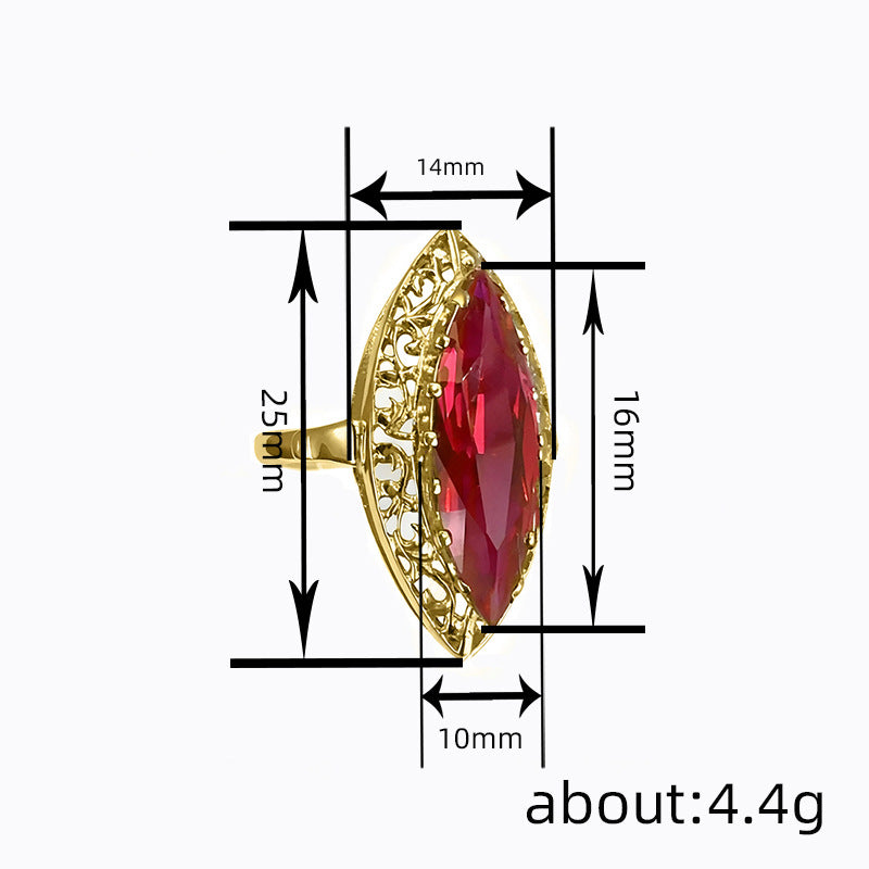 Marquise‑Cut Red Stone Vintage Filigree Gold‑Tone Ring