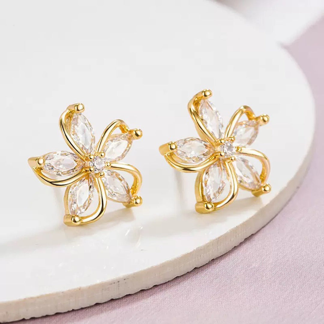 Hollow 5-Petal Flower Diamond Stud Earrings, Marquise Stone Floral Earrings, Gold & Silver Tone Minimal Flower Studs