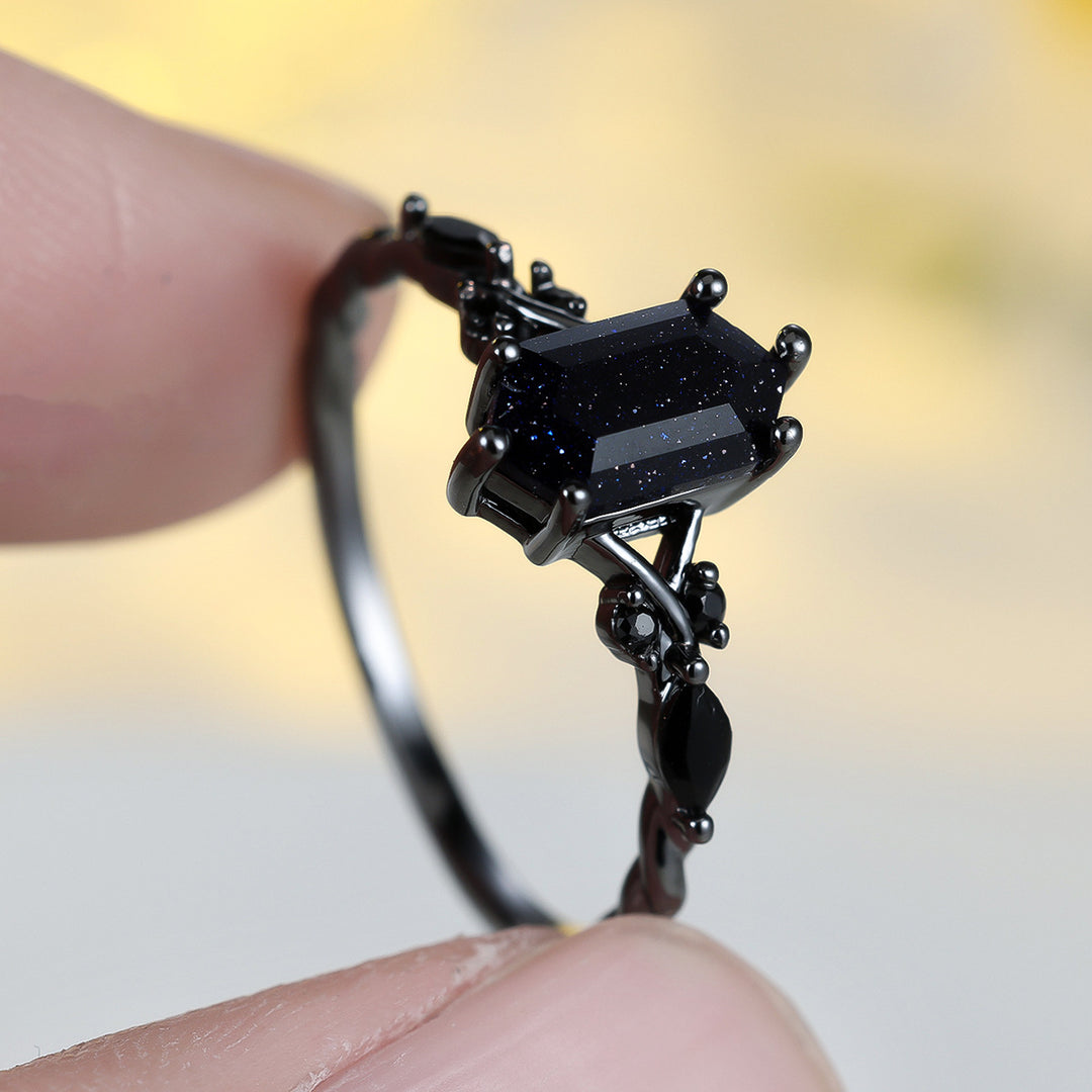 Black Gold Blue Sandstone Vine Ring (Gothic Edgy Statement Band)