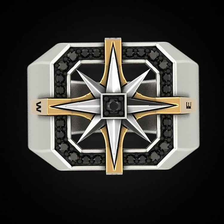 Two-Tone Compass Star Men's Ring, Vintage Contrast North Star Signet Ring, American Workwear Style Band