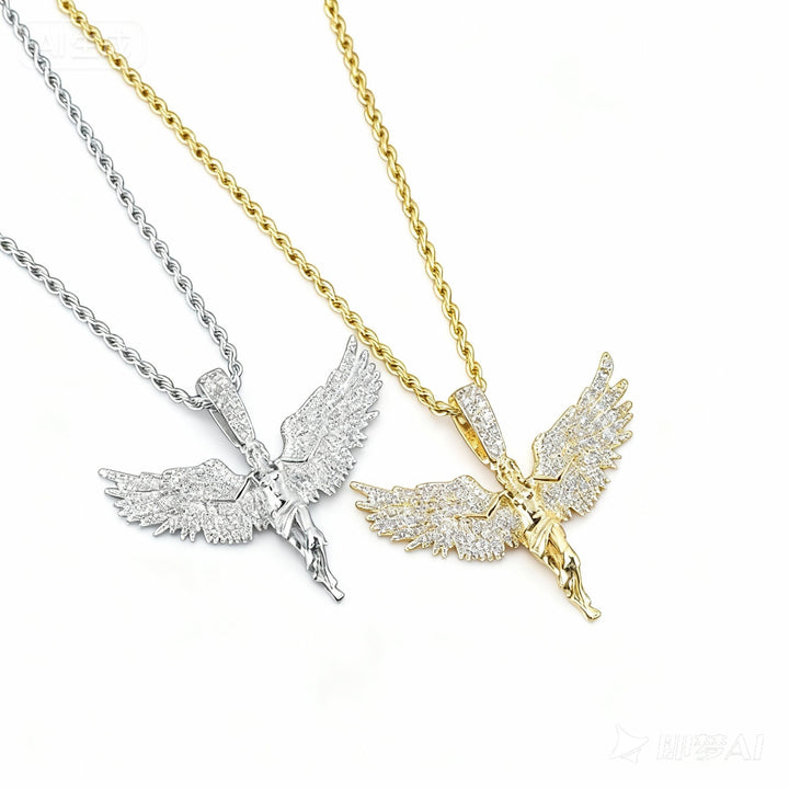 Iced‑Out Spread‑Wings Angel Pendant Hip‑Hop Necklace, Gold & Silver Two‑Tone Options