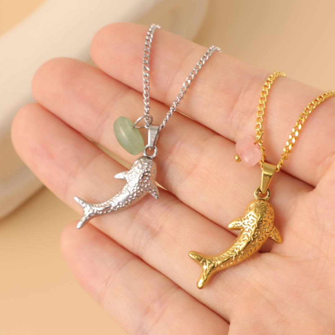 Textured Dolphin Natural Jade Collarbone Necklace, Pink Quartz & Green Aventurine, Gold & Silver Two-Tone Ocean Style Thin Chain