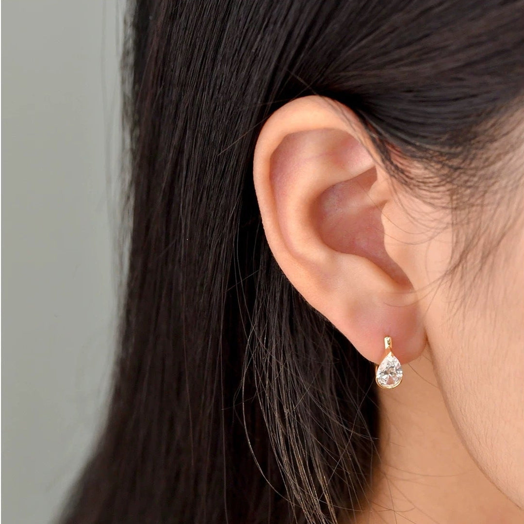 Teardrop & Rectangle Single Diamond Mini Hoop Earrings, Pear/Emerald Cut Diamond Small Click Hoops Gold Silver Dainty Daily Jewelry