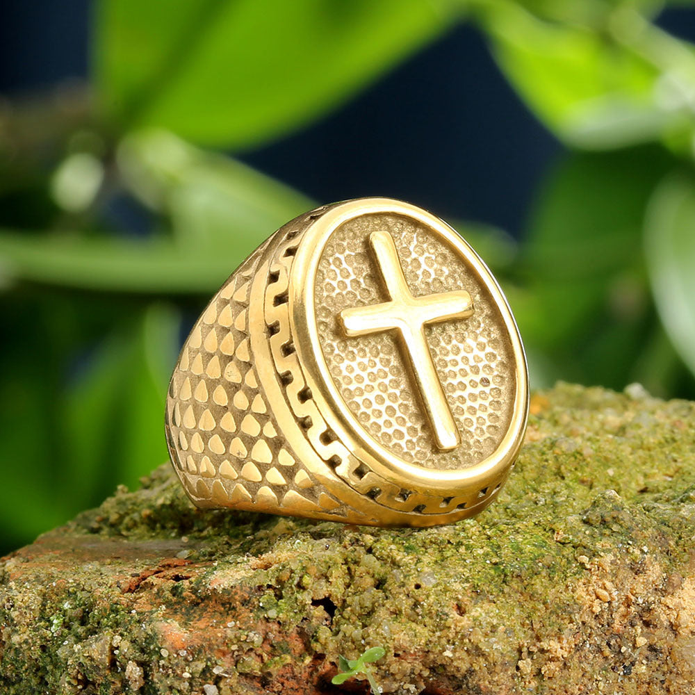 Vintage Embossed Cross Signet Ring, S925 Silver 14K Gold Plated Ethnic Pattern Faith Band For Men
