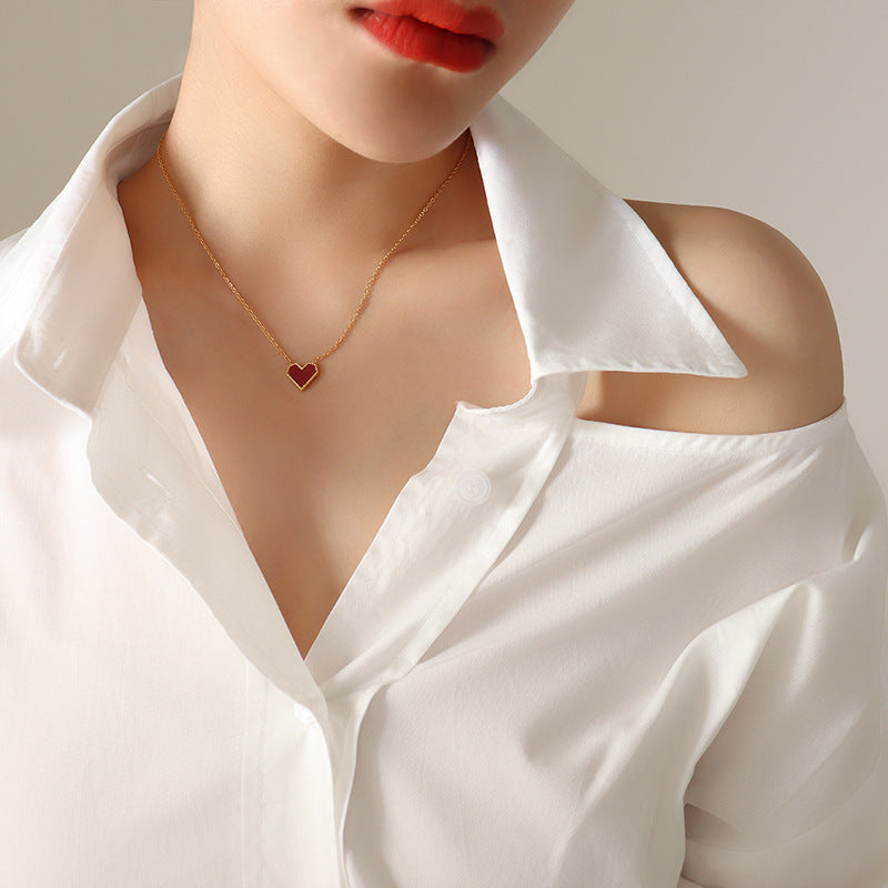 Red Enamel Heart Slim Chain Choker (Minimalist Vibe Sweet-Cool Necklace)