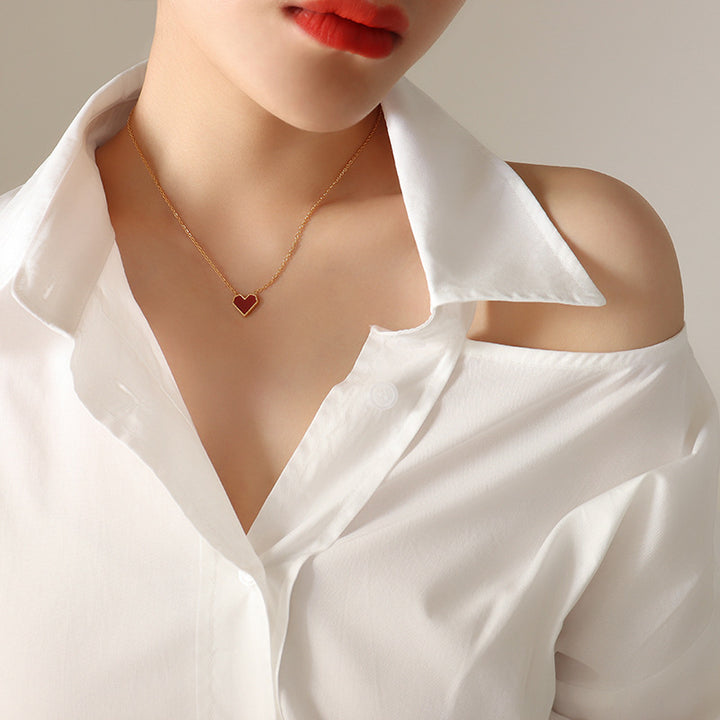 Red Enamel Heart Slim Chain Choker (Minimalist Vibe Sweet-Cool Necklace)