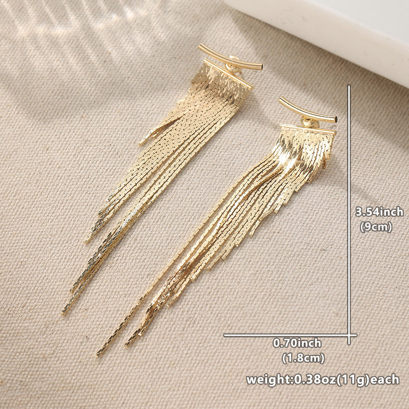 Luxury Gradient Long Metal Tassel Earrings, Horizontal Bar Shiny Chain Dangle Stud Earrings, Gold & Silver Evening Statement Jewelry