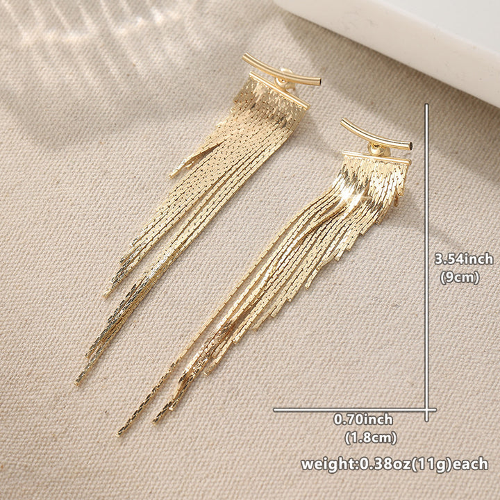 Luxury Gradient Long Metal Tassel Earrings, Horizontal Bar Shiny Chain Dangle Stud Earrings, Gold & Silver Evening Statement Jewelry