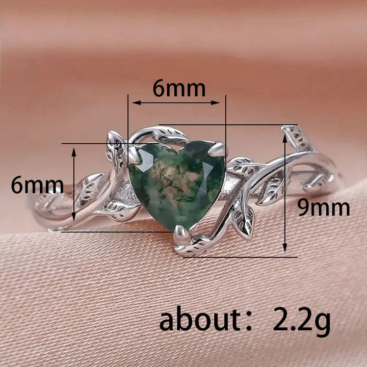 Vine Heart Moss Agate Ring, Silver Vintage Forest Style Heart Gemstone Band For Women
