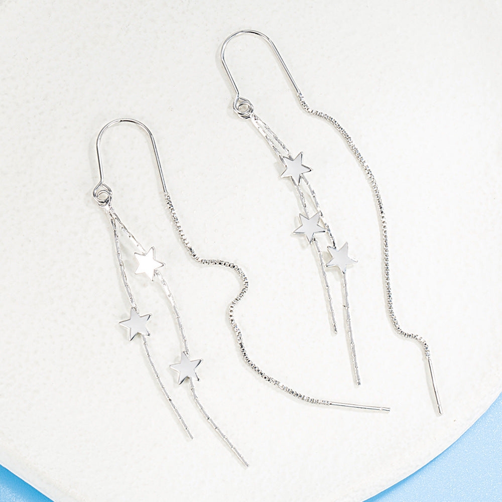 Multi-Layer Star Long Tassel Hook Earrings, Triple Star Snake Chain Slimming Sweet Silver Dangle Jewelry
