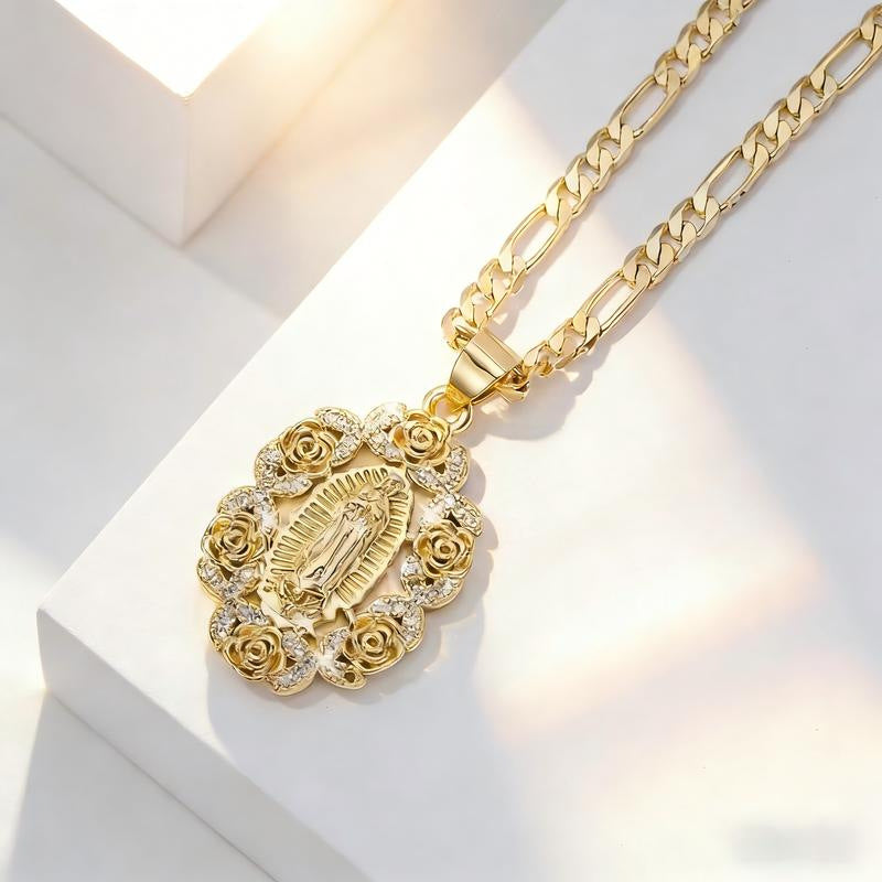 Rose Wrapped Virgin Mary Pendant Necklace, Vintage Gold Cuban Chain Mary Necklace