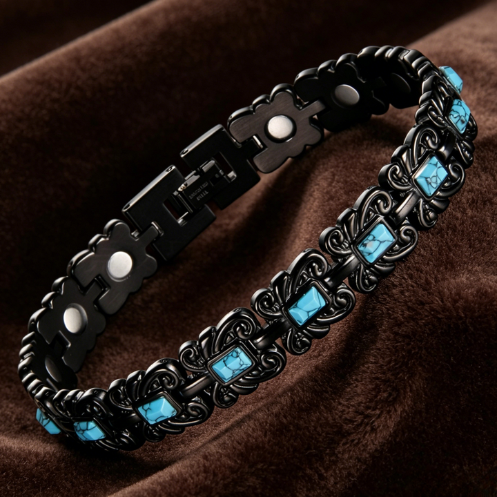 Vintage Carved Turquoise Titanium Steel Bracelet, 2-Tone Ethnic Link Bangle for Men