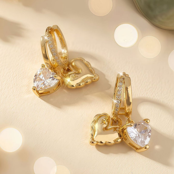 Double Heart Diamond Hoop Earrings, Luxury 3D Heart Pendant Drop Earrings, Gold Versatile Earrings