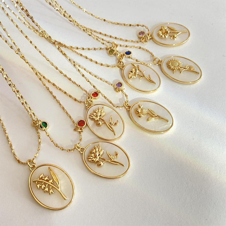 Mother-of-Pearl Carnation Birthstone Necklace (Gentle Gold Tone Pendant)