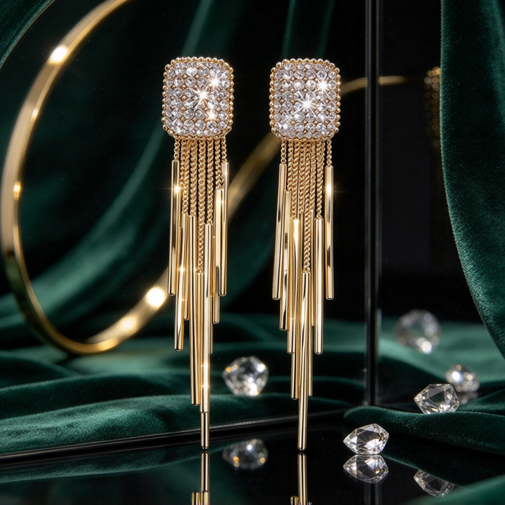 Square Pavé Long Tassel Drop Earrings