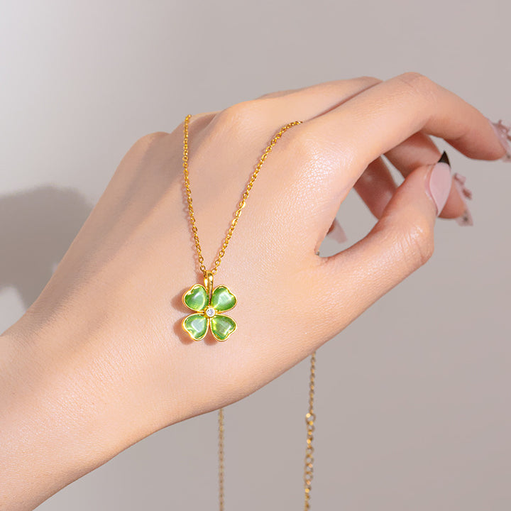 Cat's Eye Four-Leaf Clover Lucky Necklace, 2 Color Heart Petal 14K Gold Plated Choker