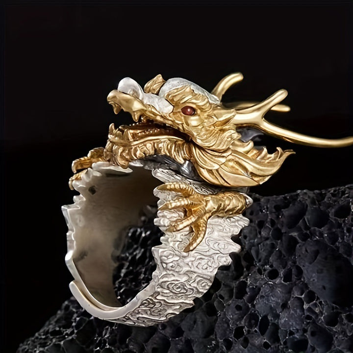 Two-Tone 3D Divine Beast Cloud Open Ring, S925 Silver Gold Plated Vintage Adjustable Wide Band For Men
