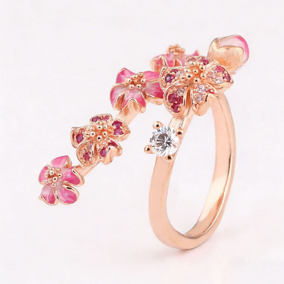 Gradient Enamel Blossom Branch Open Ring, Two-Tone Floral Adjustable Dainty Ring for Women