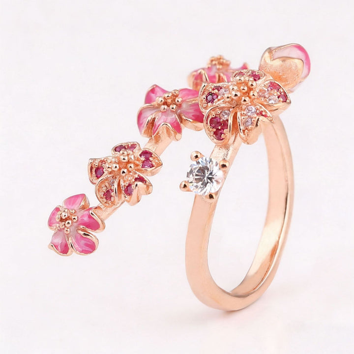 Gradient Enamel Blossom Branch Open Ring, Two-Tone Floral Adjustable Dainty Ring for Women