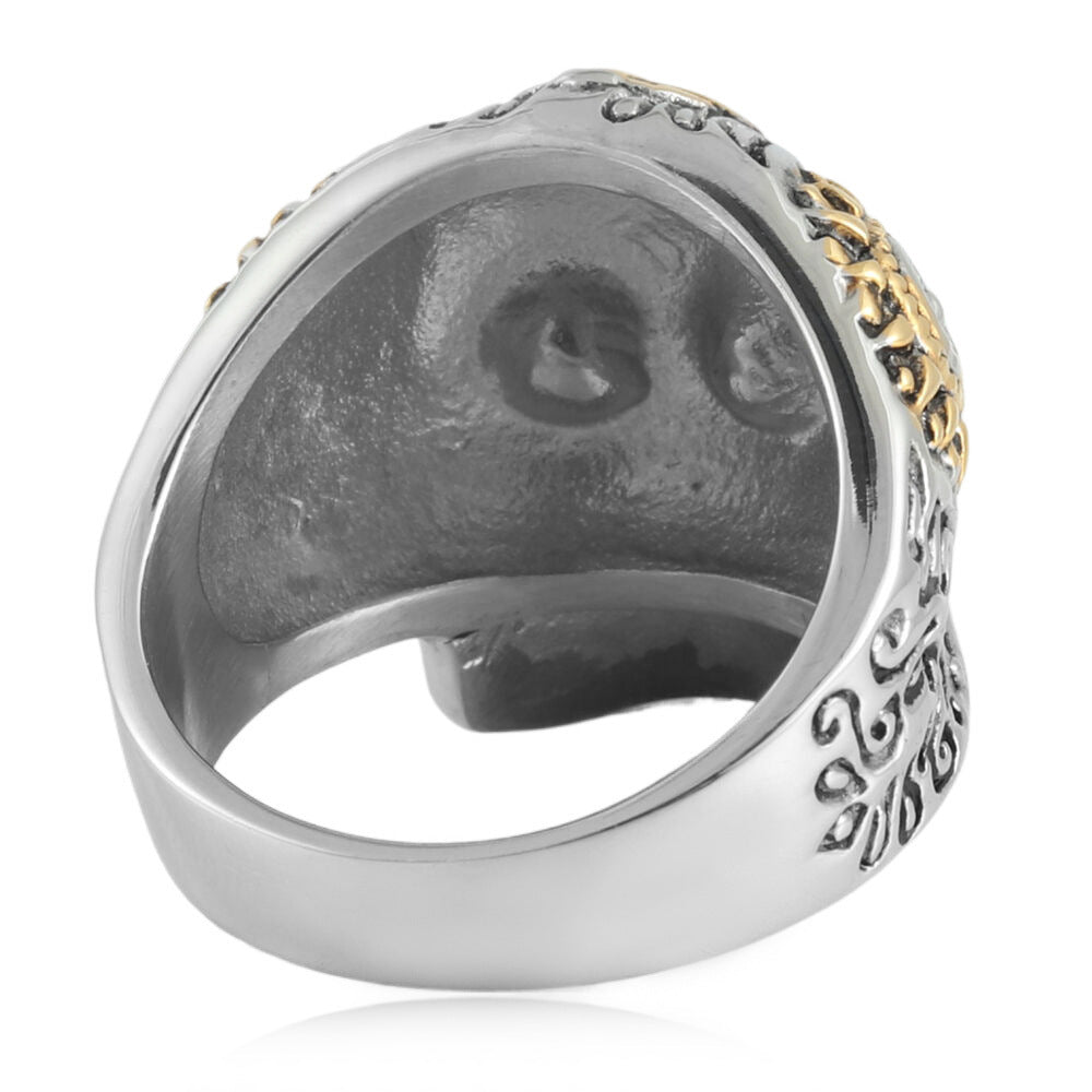 Vintage Carved Sugar Skull Cross Wide Ring, S925 Silver Antiqued Dark Alternative Band For Men