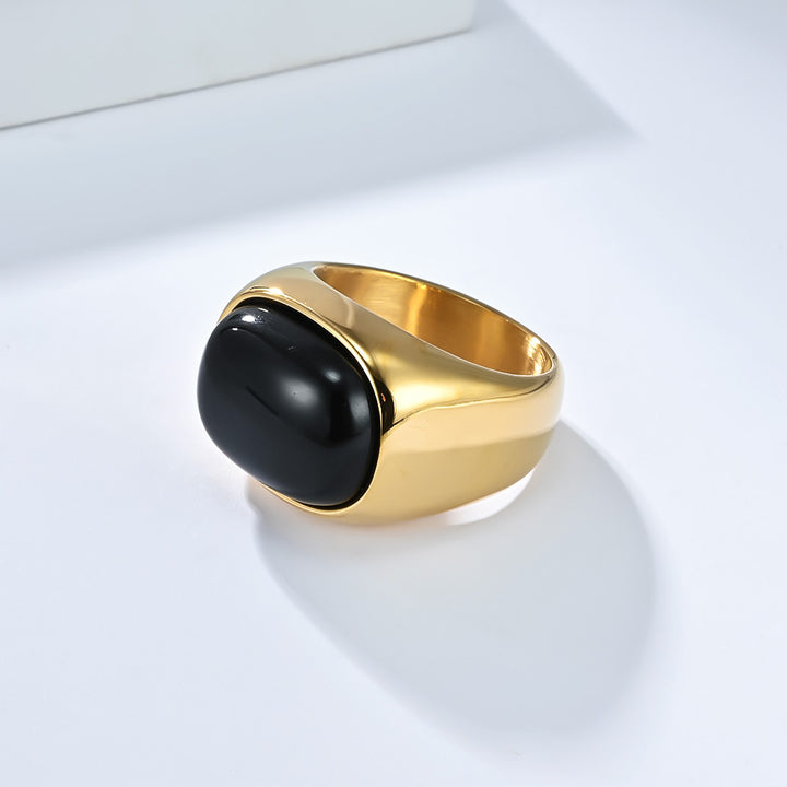 Minimalist Oval Cabochon Gem Solid Signet Ring, S925 Silver Gold/Black/Silver 3 Colors Tiger Eye & Onyx Unisex Wide Band