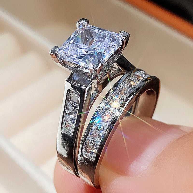 Princess Cut Diamond Double Layer Ring Set (Light Luxury Engagement Style Sparkling Ring)