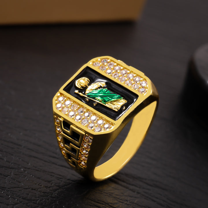 Green Robe Saint Paved Diamond Square Signet Ring, S925 Silver Gold Plated Western Religious Heavy Vintage Band For Men