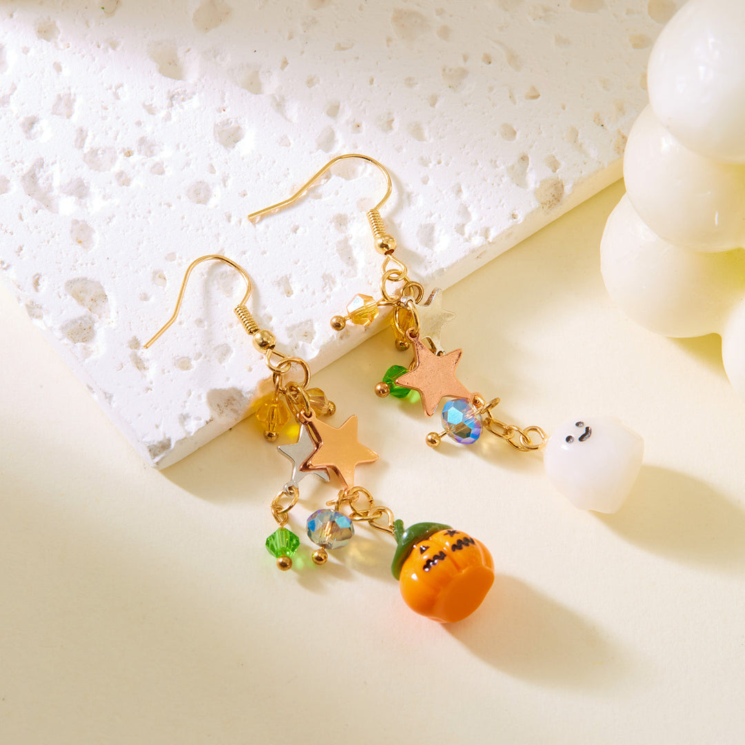 Halloween Asymmetric Pumpkin & Ghost Long Hook Earrings, Colorful Beaded Star Fun S925 Silver Earrings