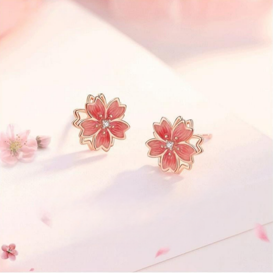 Rotatable Peach‑Blossom 4‑Piece Jewelry Set, Rose‑Gold Tone