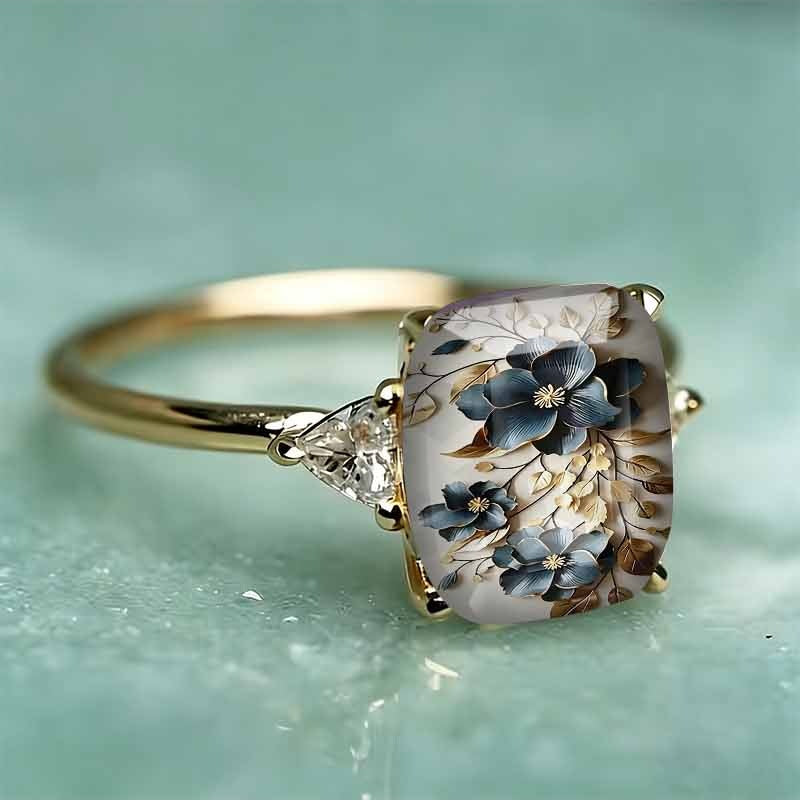 Rectangle‑Shape Blue Floral Printed Ring, Two‑Tone Options