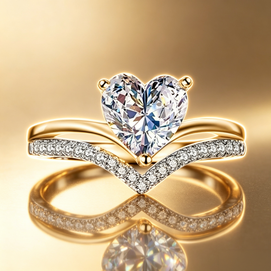 Heart‑Cut Center Stone V‑Shaped Paved Stackable Ring Set, Three‑Color Options