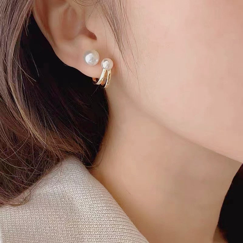 S925 Silver Double Bead Double Hoop Stud Earrings, Minimalist Luxury Geometric Earrings with Big & Small Round Beads, White & Red Bead Two Color Options