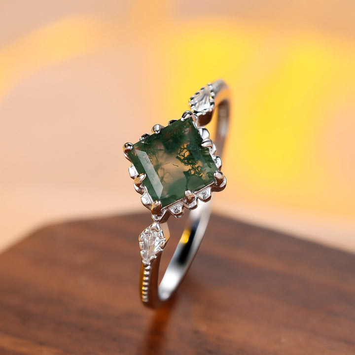 Square Moss Agate Vintage Milgrain Thin Ring, Forest Style Two-Tone Luxury Closed Dainty Daily Ring for Women