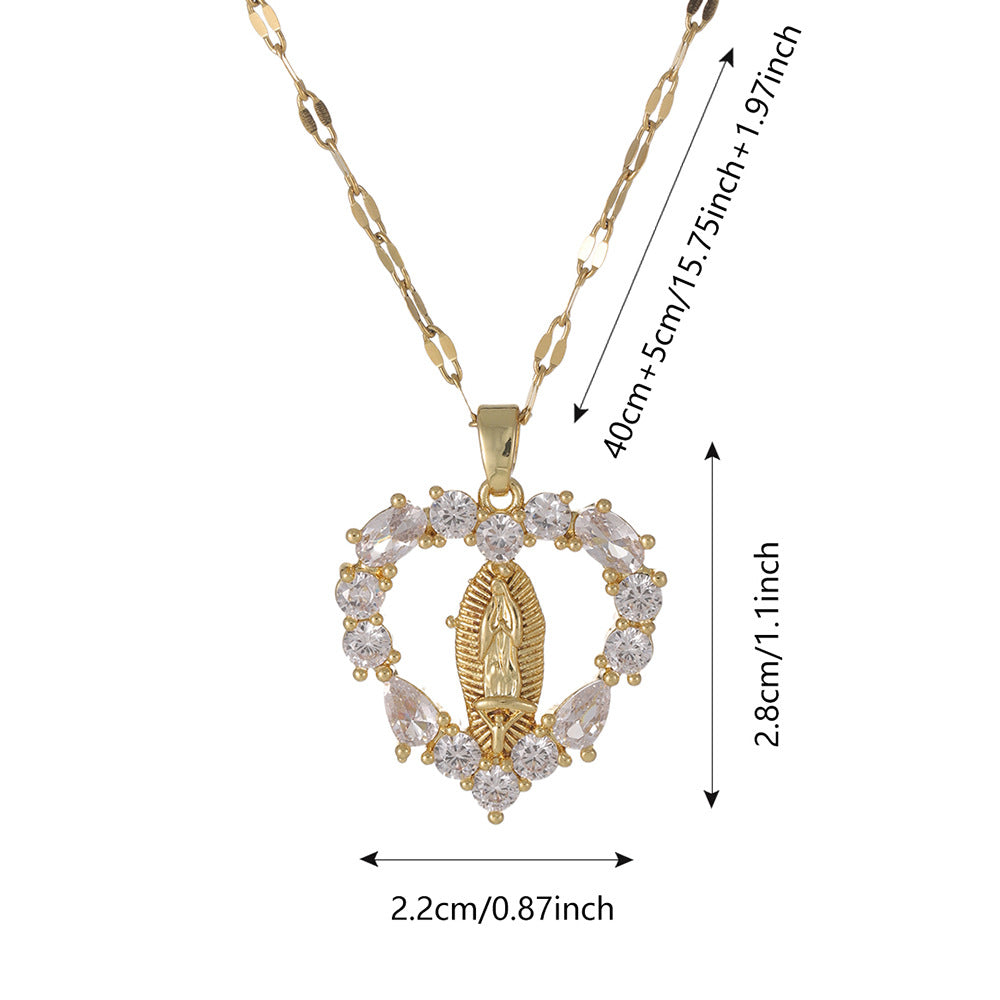 Heart Diamond Virgin Mary Pendant Necklace, Dainty Religious Heart Necklace