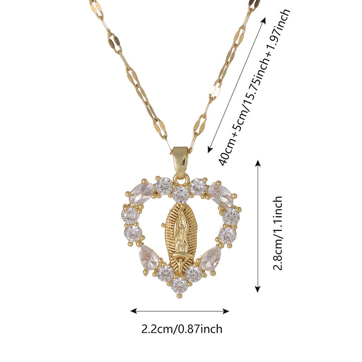 Heart Diamond Virgin Mary Pendant Necklace, Dainty Religious Heart Necklace