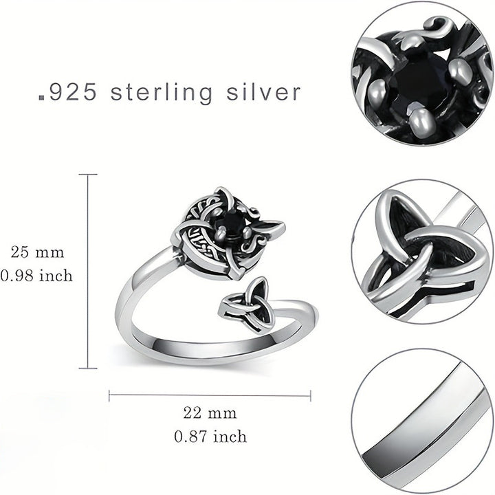 Celtic Knot Black Diamond Open Ring (Vintage Silver Tone Statement Band)
