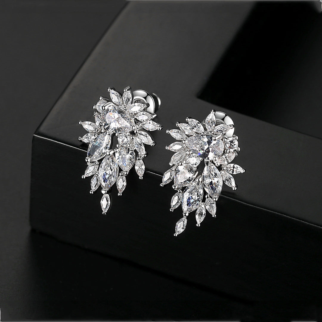 Marquise Cluster Full Diamond Stud Earrings, Luxurious Radiant Multi-cut Diamond Banquet Stud Earrings, Silver Luxury Earrings