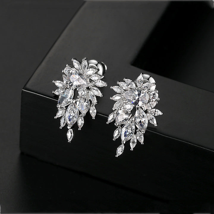 Marquise Cluster Full Diamond Stud Earrings, Luxurious Radiant Multi-cut Diamond Banquet Stud Earrings, Silver Luxury Earrings