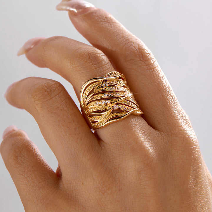 Interlaced Leaf Pave Diamond Wide Ring, Gold Sculpted Palm Leaf Hollow Statement Band For Women