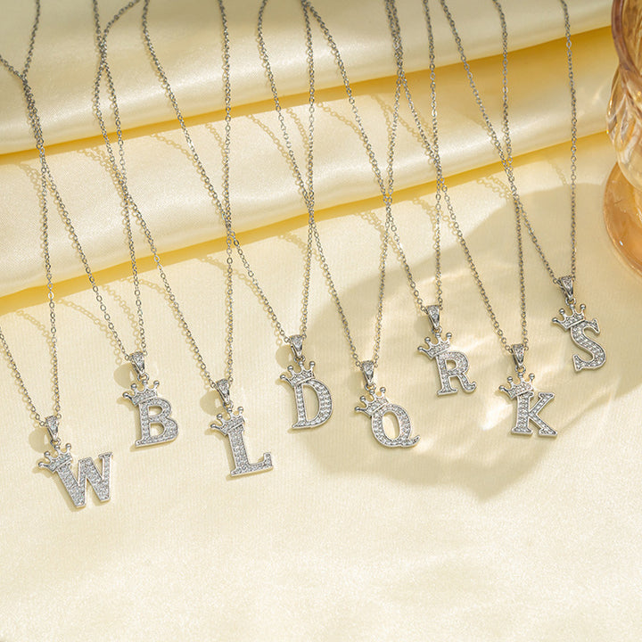 Crown Paved Diamond Initial Letter Necklace, 14K Gold Plated Personalized Dainty Chain, A-Z Available