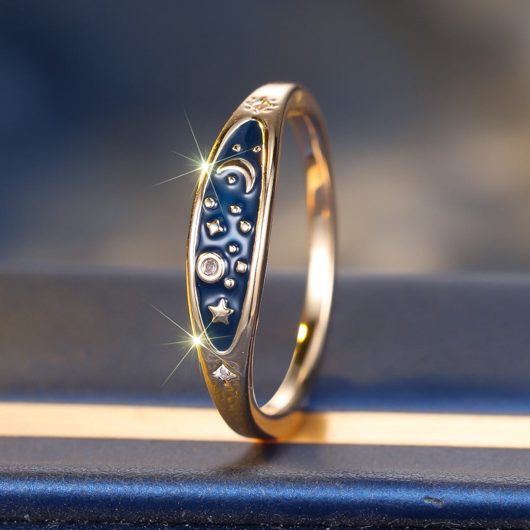 Starry Sky Moon & Star Enamel S925 Silver Ring, Dark Blue Enamel Minimalist Ring, 2 Colors Available
