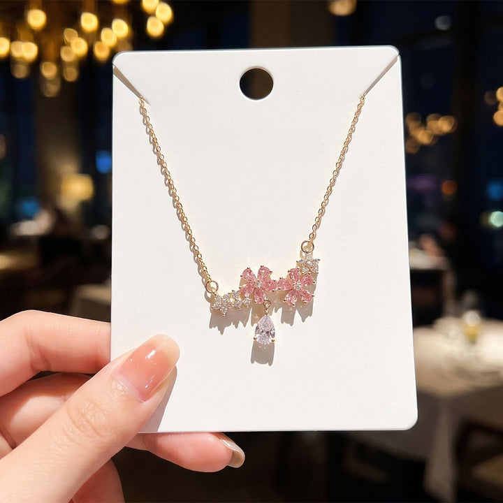 Pink Diamond Cherry Blossom Teardrop Clavicle Necklace, Dainty Floral Paved Stone Thin Chain