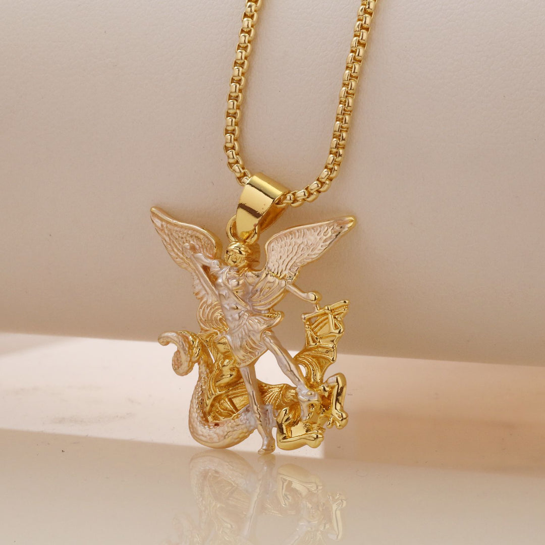 Archangel Defeating Dragon 3D Relief Pendant Necklace, 3‑Tone Vintage Heavy‑Craft Men’s Box‑Chain Necklace